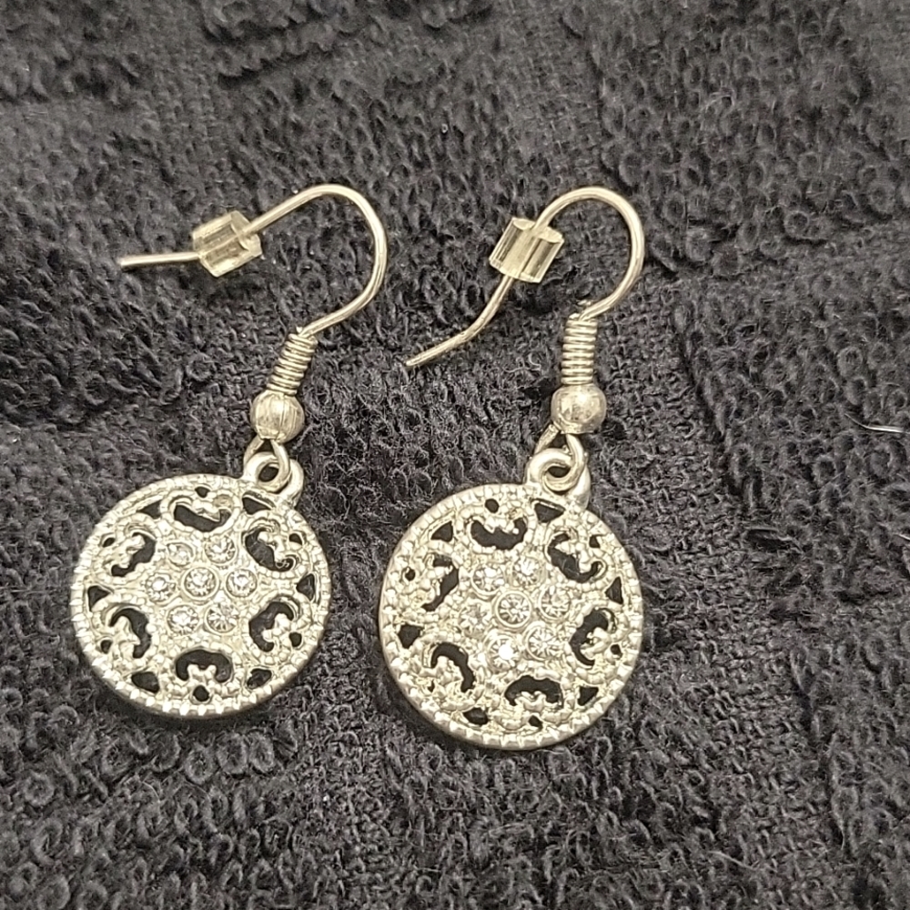 Small silver circle earrings with crystals